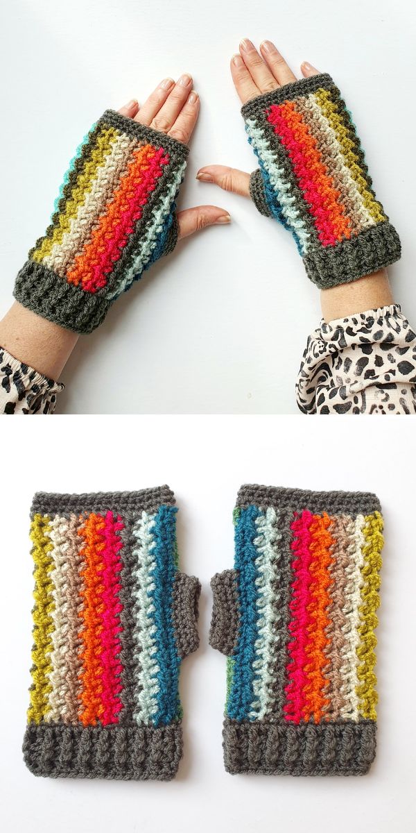 A pair of colorful crocheted fingerless mitts.