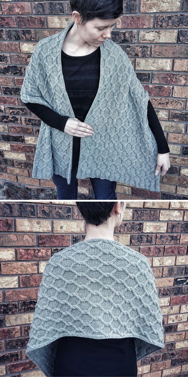 Two pictures of a woman wearing a grey knitted shawl.