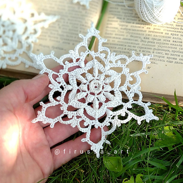 A hand holding a white crochet snowflake.