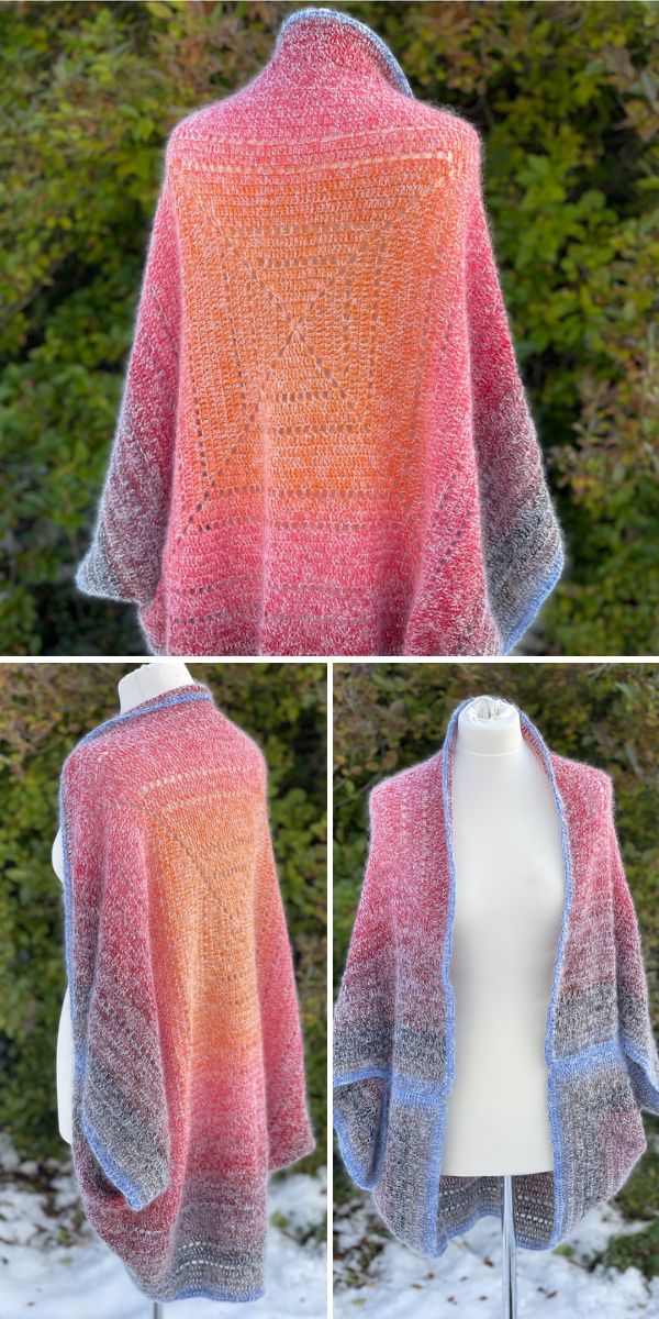Four pictures of a crocheted shawl on a mannequin.