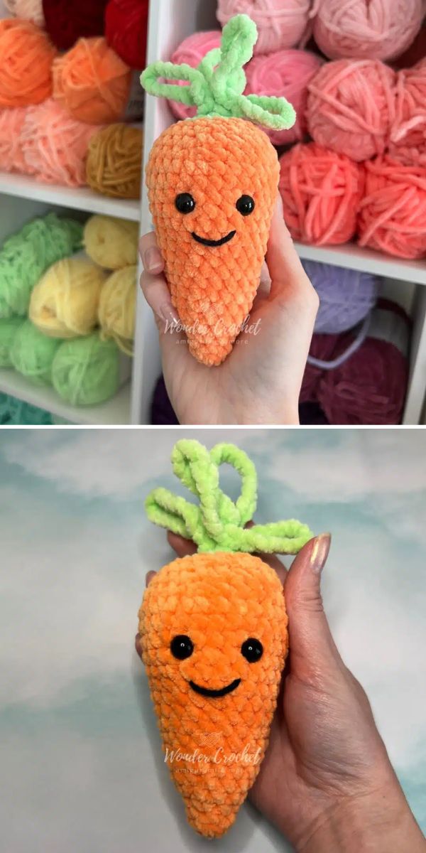 Two pictures of a crocheted carrot with a smiley face.