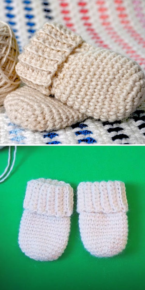 Two pictures of knitted mittens on a green background.