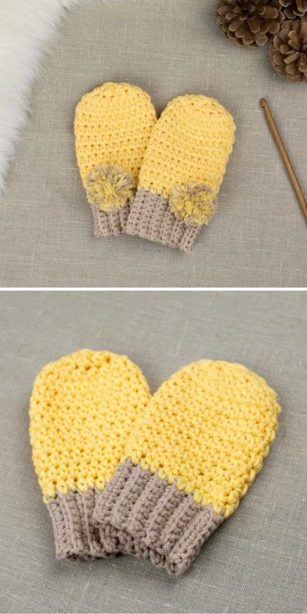 Two pictures of yellow knitted mittens.
