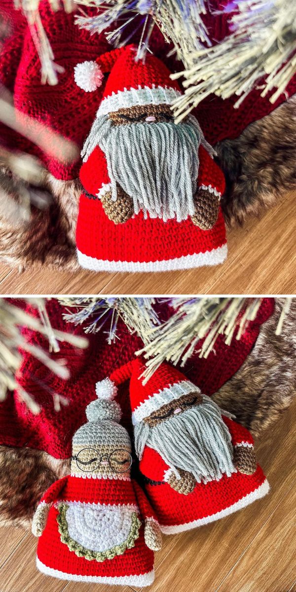 Two pictures of crocheted santa claus ornaments.