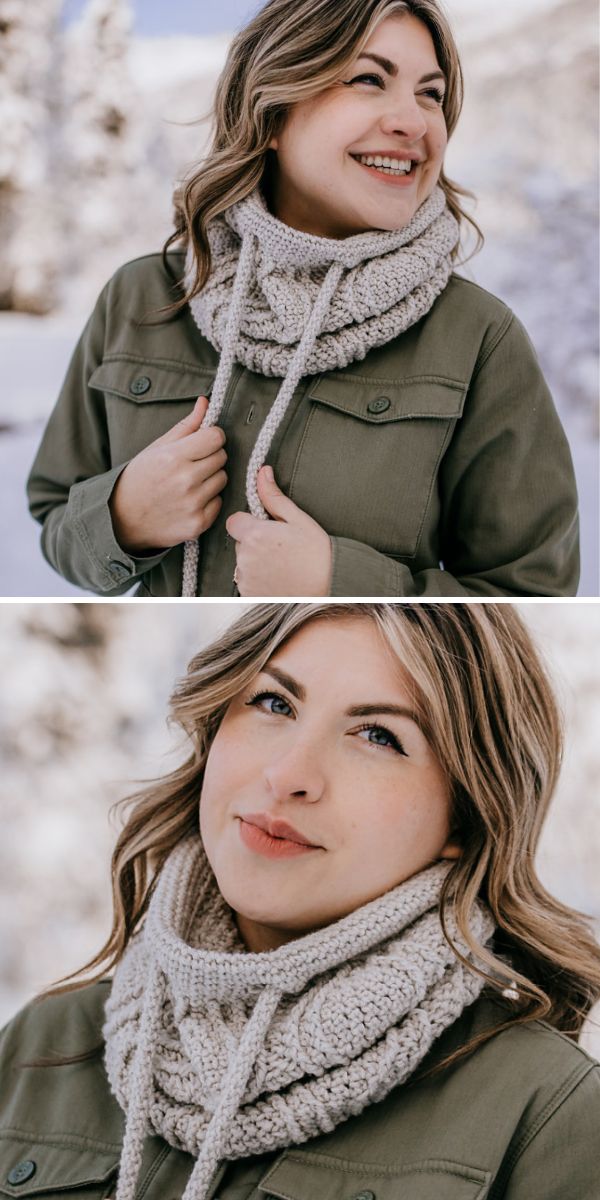 Two pictures of a woman wearing a scarf in the snow.