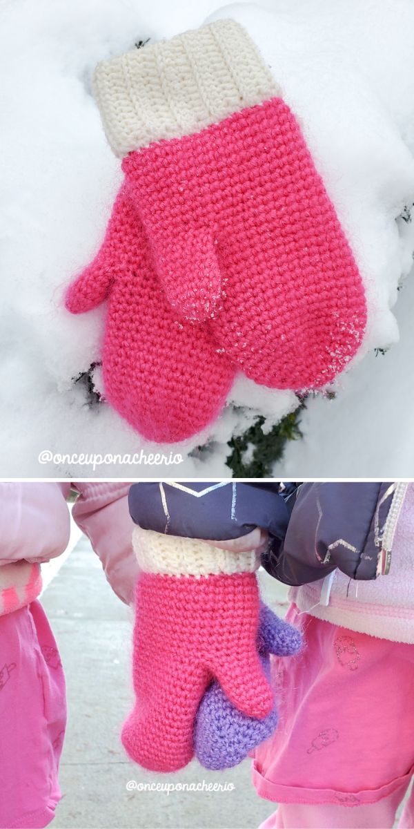 Two pictures of children holding mittens in the snow.