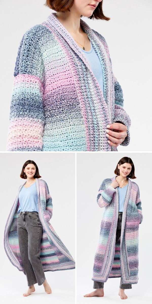 A woman is wearing a crocheted striped cardigan.