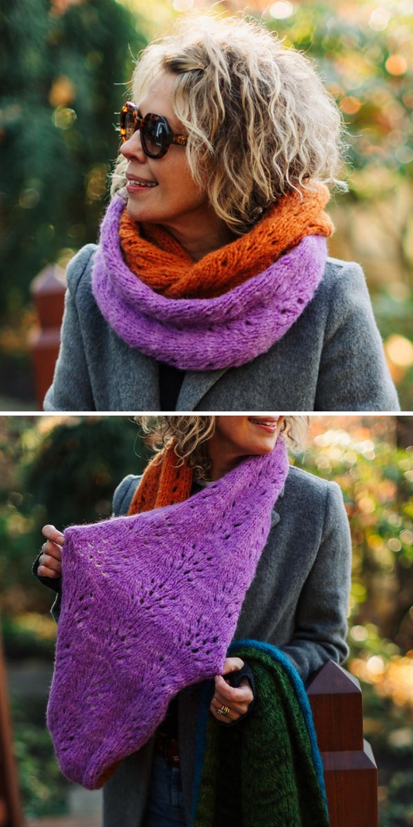 Three different pictures of a woman wearing a purple, orange, and green scarf.