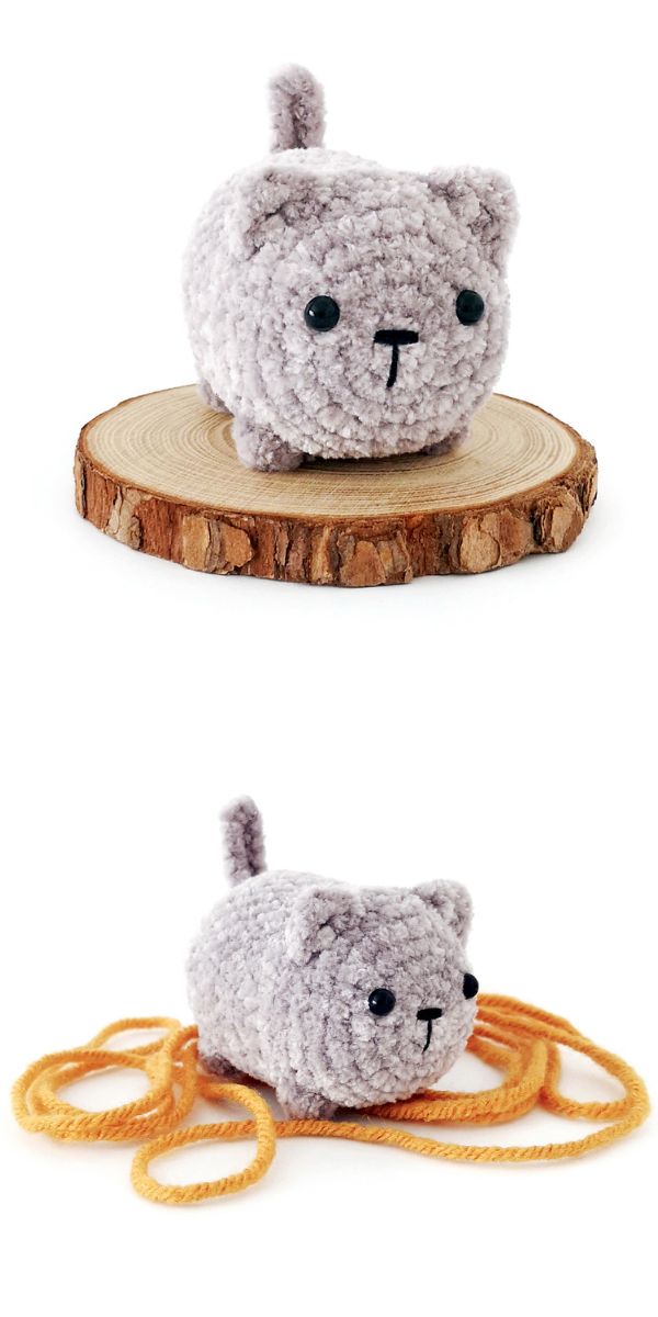 Two pictures of a crocheted cat on a wooden board.