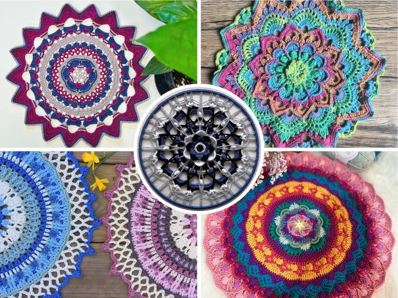 A collection of different crocheted mandalas in different colors.