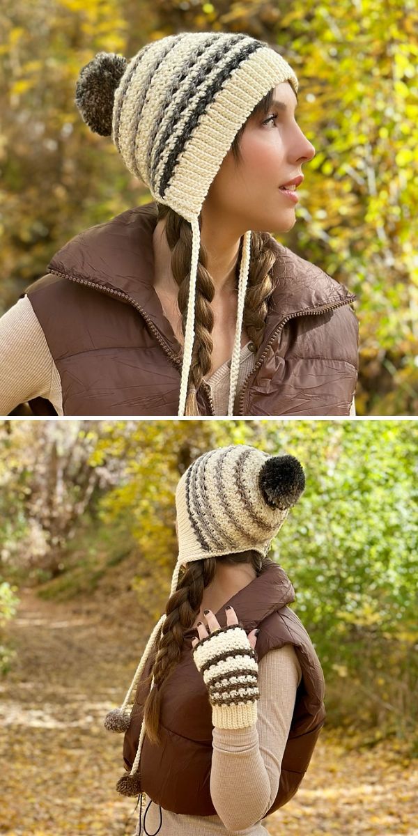 Two pictures of a woman wearing a crochet hat and scarf.