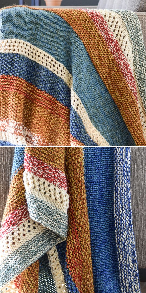 Two pictures of a knitted blanket on a couch.