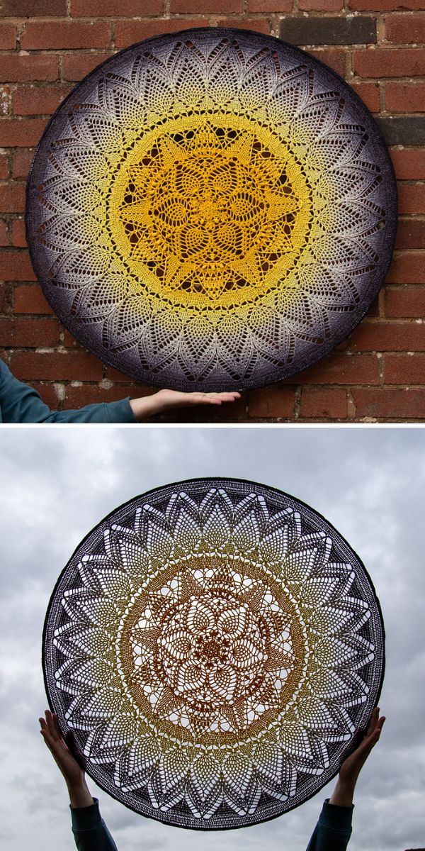 Two pictures of a man holding up a mandala.