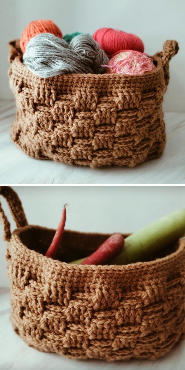 Two pictures of a crocheted basket with yarn and vegetables.