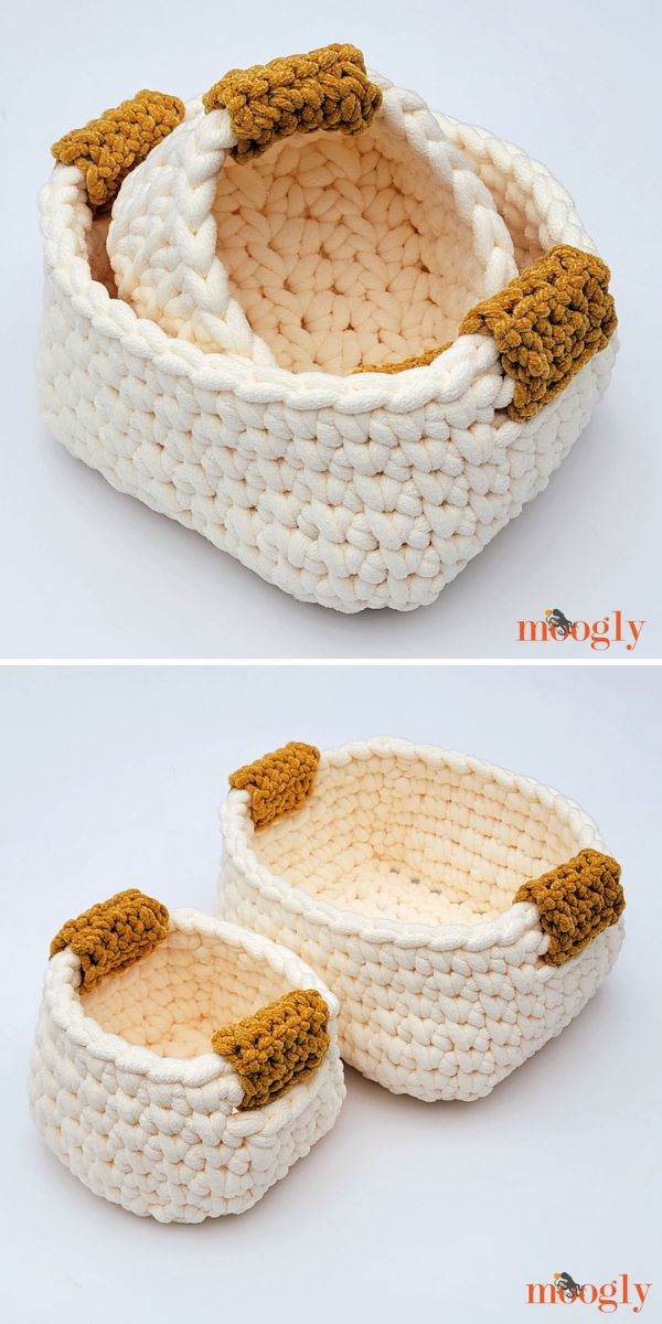 Three crocheted baskets with handles on them.