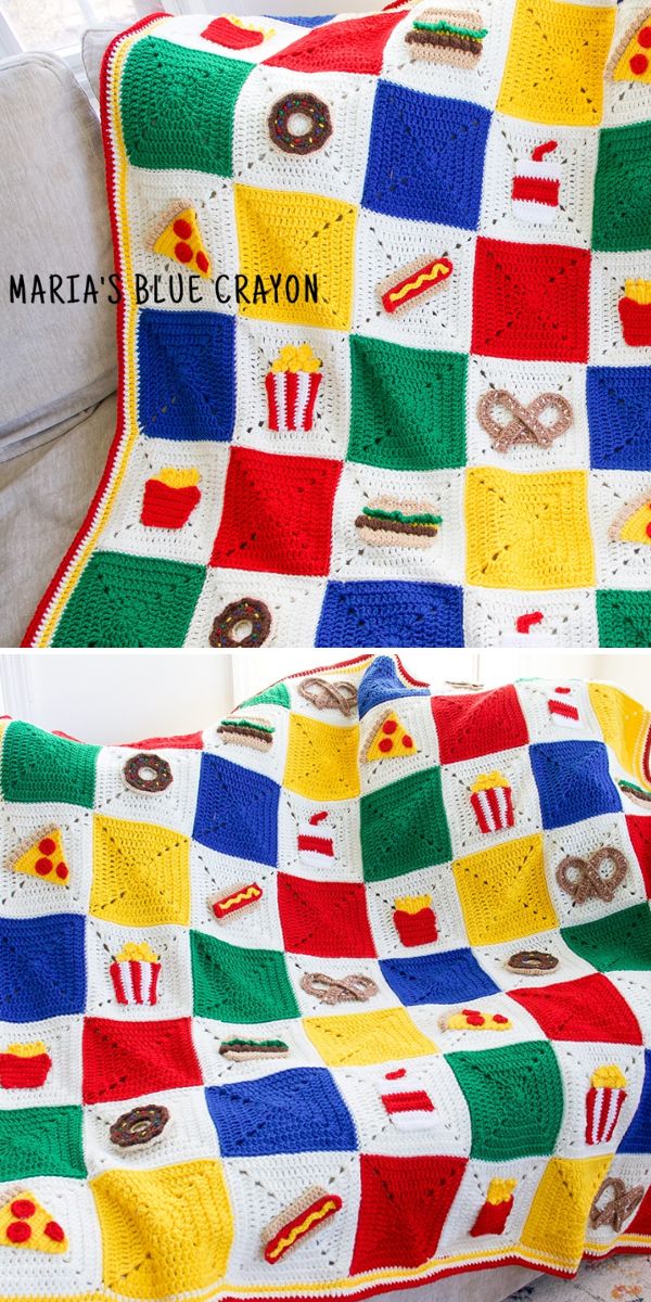 A colorful blanket with food on it.