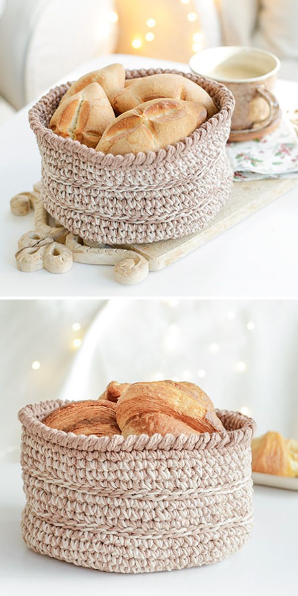 Two pictures of a crocheted basket with bread in it.