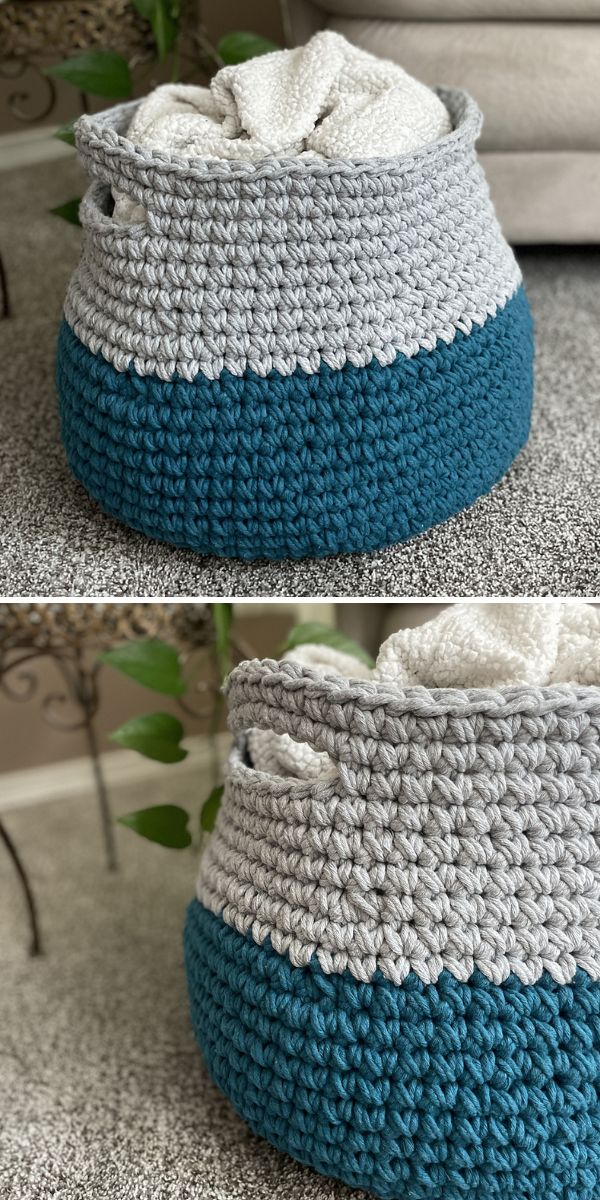 Two pictures of a crocheted storage basket.
