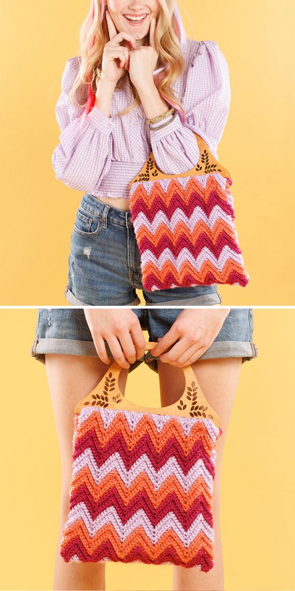 Woman holding a colorful chevron patterned tote bag with a cut-out handle.