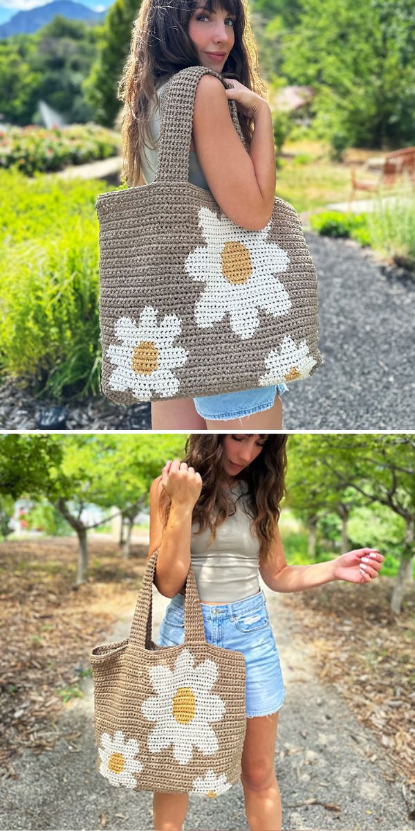 Woman showcasing a handmade tote bag with daisy flower design outdoors.