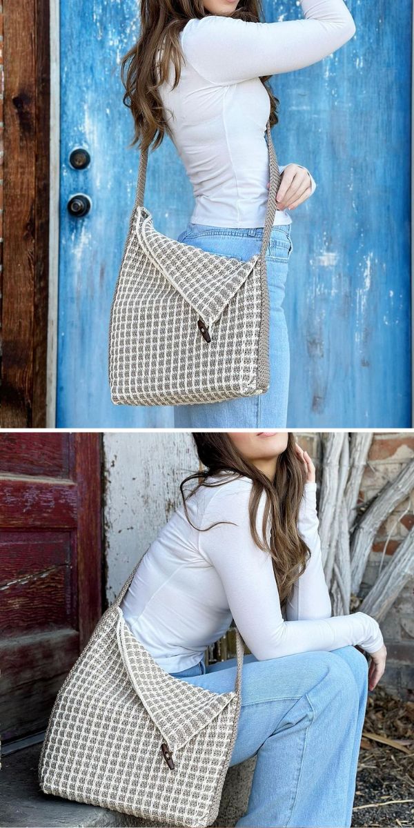 Woman posing with a patterned shoulder bag against a rustic blue door.