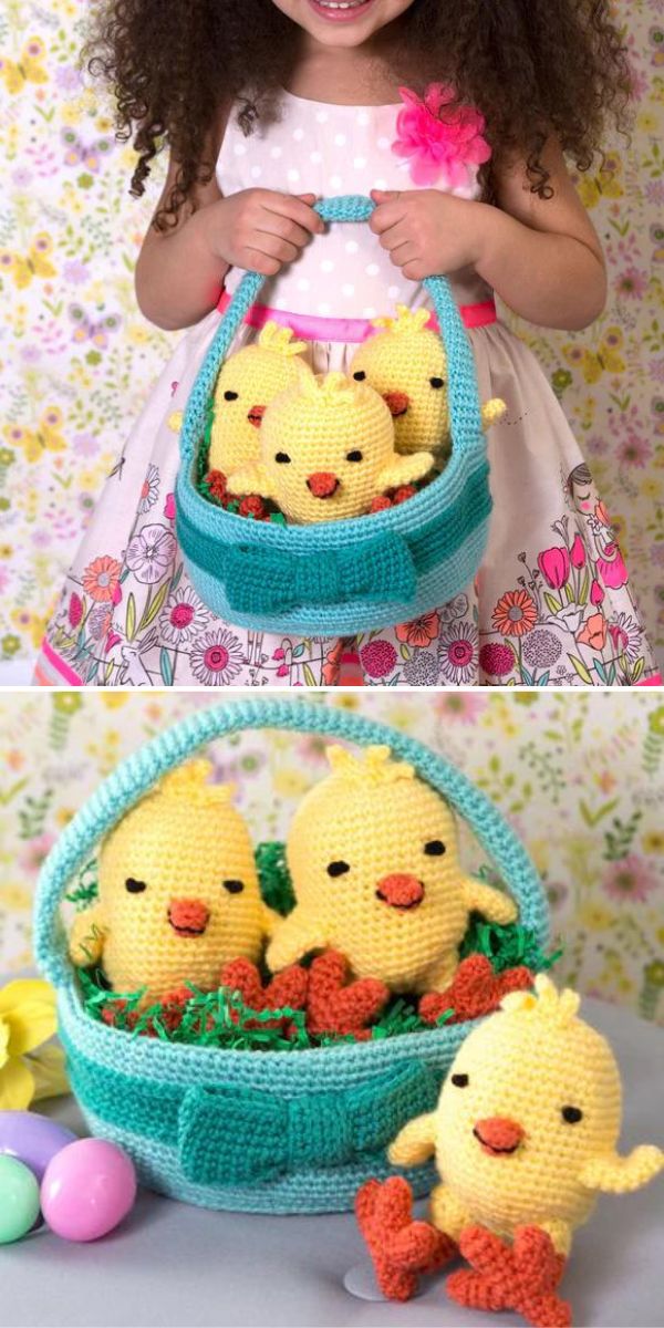 A child holding a basket with three crocheted chick toys and colorful easter eggs.