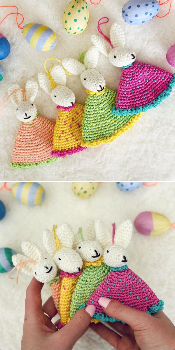 Handcrafted crochet easter bunnies with colorful, triangular bodies, displayed among decorative easter eggs.