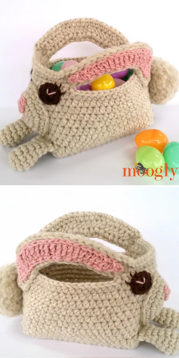 A handmade basket shaped like a sheep, filled with colorful plastic eggs in the top image, and empty in the bottom image.