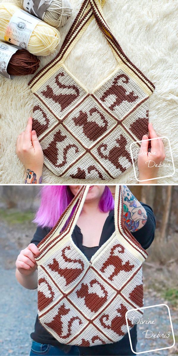 A person showcasing a handmade crochet bag with animal pattern designs, with yarn and crochet needles displayed nearby.