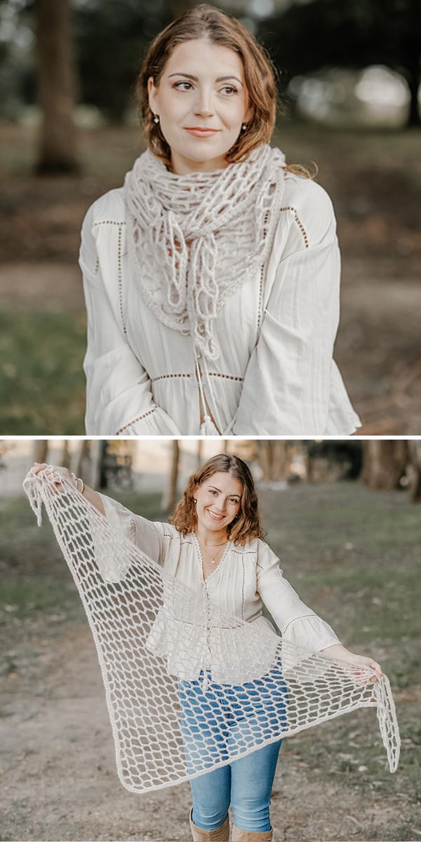 a woman wearing a lace crochet shawl in a white color