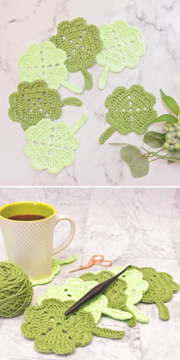 Handcrafted green crochet coasters displayed alongside crochet supplies and a cup on a marble surface.