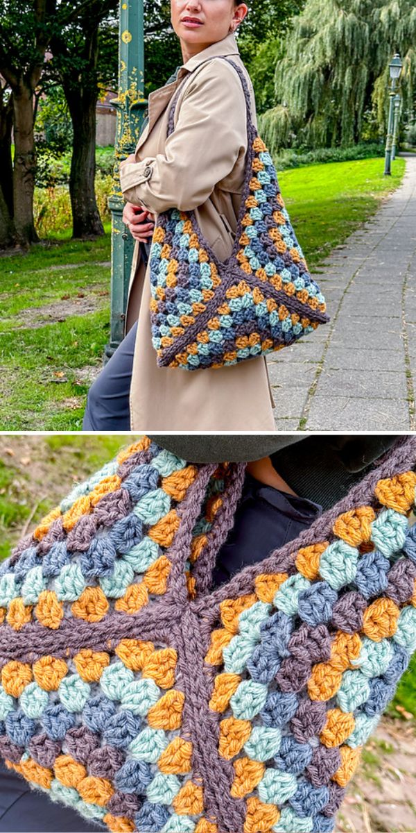 Woman carrying a handmade crochet tote bag outdoors.