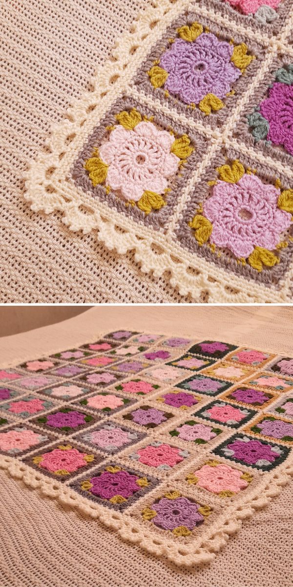 Handmade crochet granny square blanket with a variety of colored squares.
