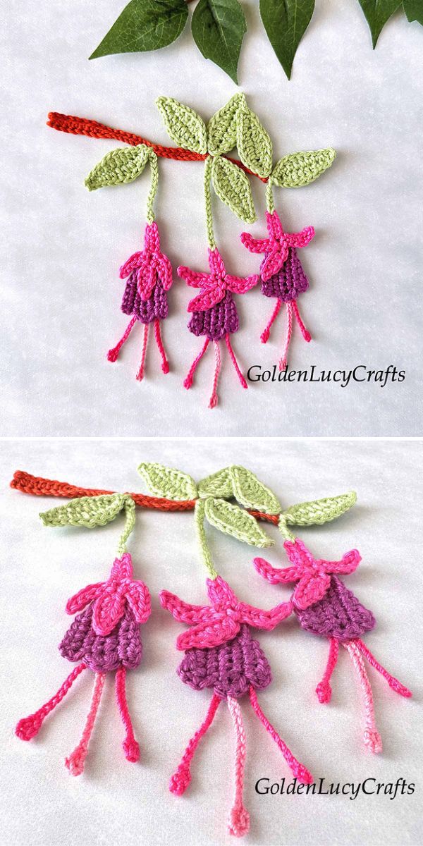 Handcrafted crochet fuchsia flowers with green leaves on a white background.
