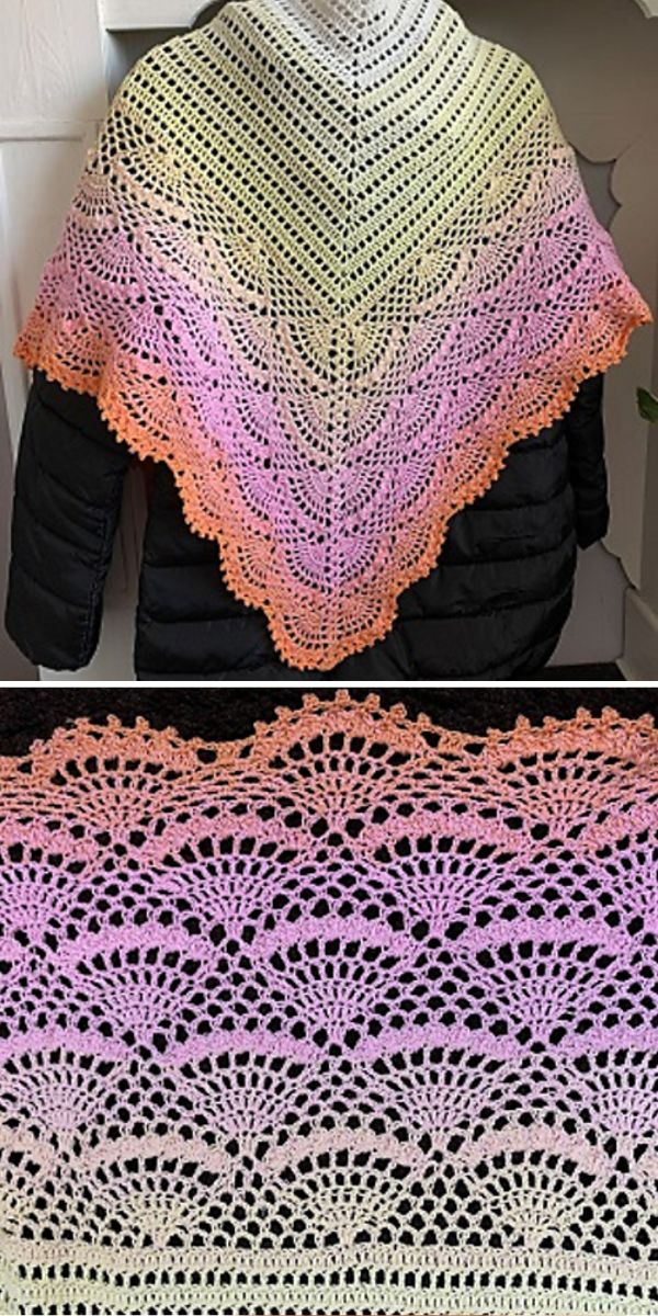 Handmade crochet shawl with gradient color transition from yellow to pink, displayed on a mannequin and laid flat to show the pattern detail.