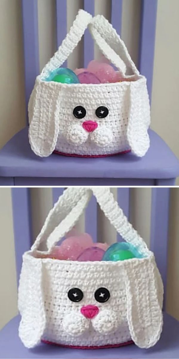 A handmade crochet easter bunny basket filled with colorful eggs.