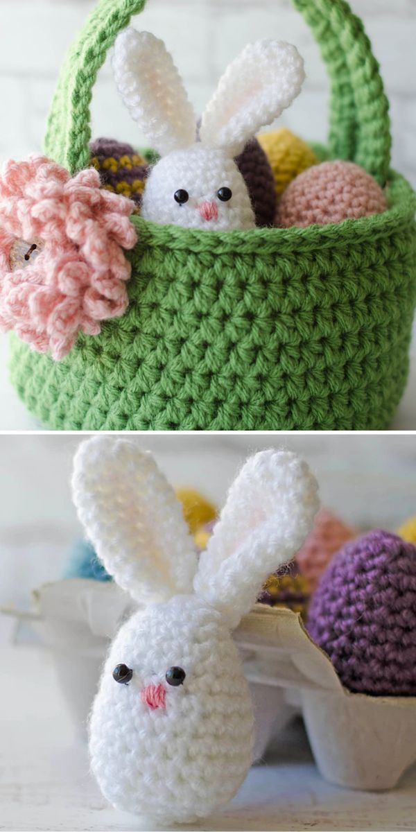 A handmade easter basket with a white bunny and pastel-colored eggs.