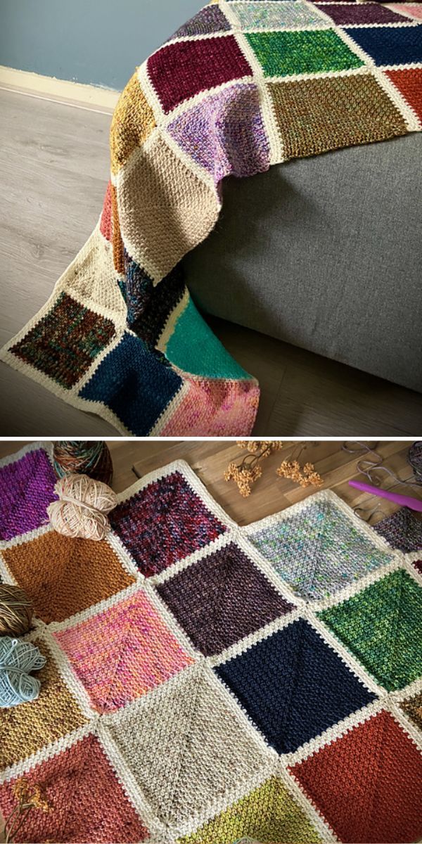 a crochet patchwork blanket made of squares in different colors