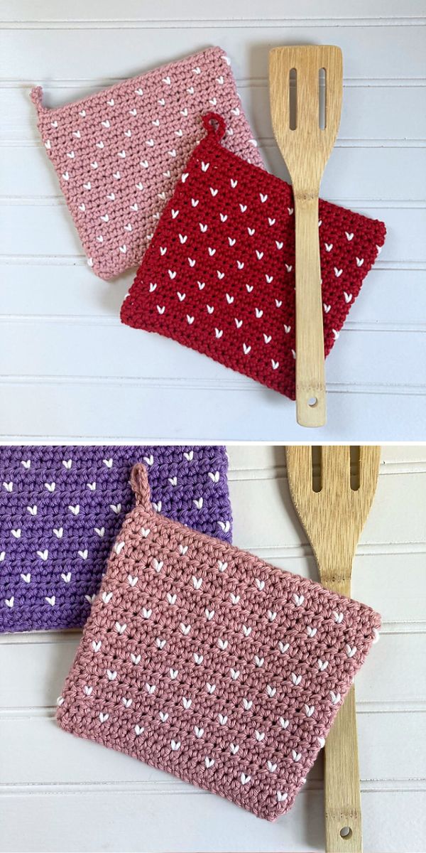 crochet potholders with a cute heart motif