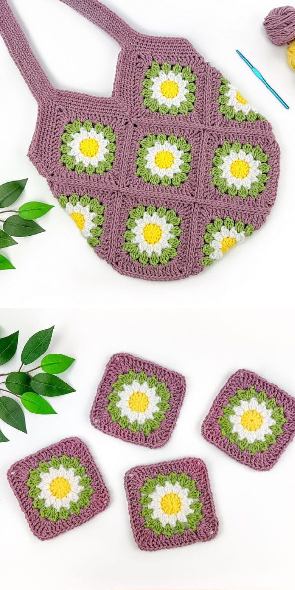 A handmade crochet bag featuring purple squares with green and white floral designs, alongside separate floral squares and crochet materials on a white background.
