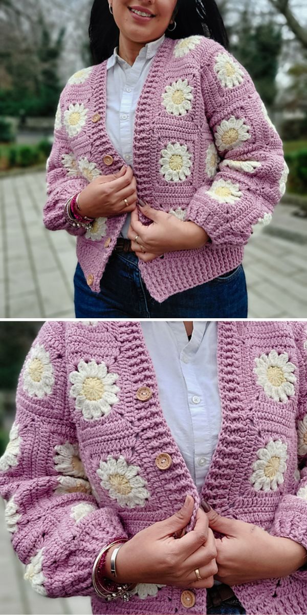 Woman wearing a handmade pink cardigan with floral designs outdoors.