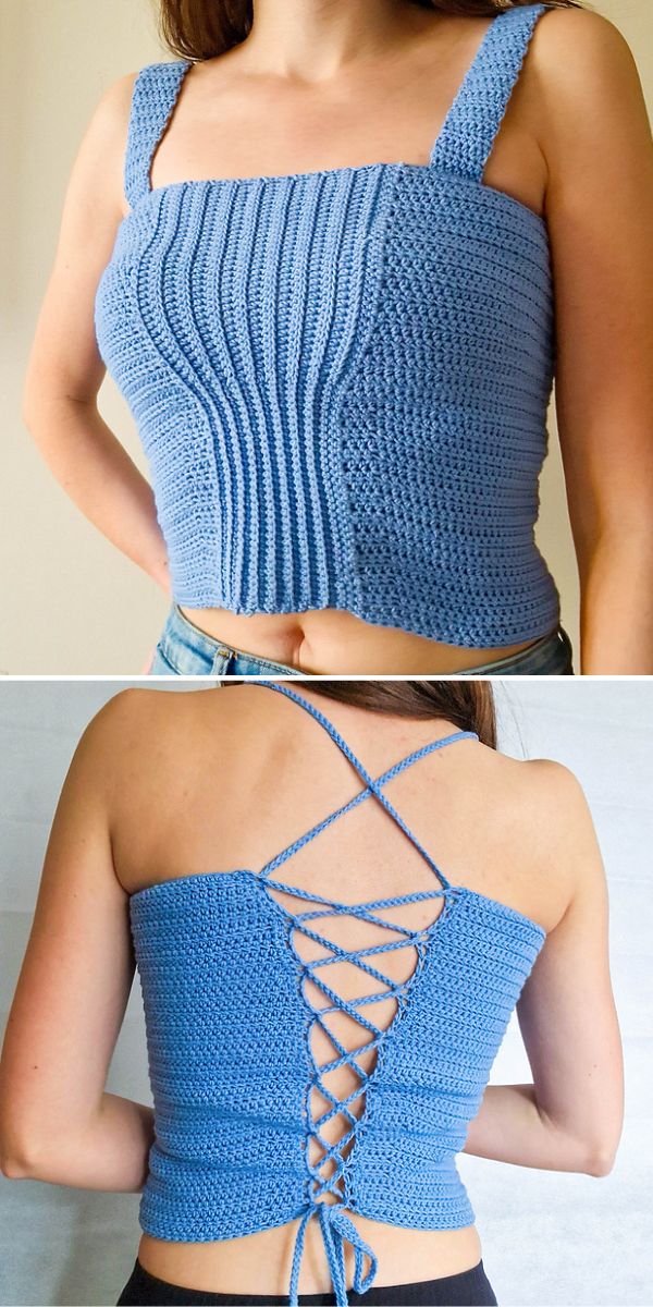 A handmade blue crocheted top with a ribbed pattern on the front and a lace-up back design.