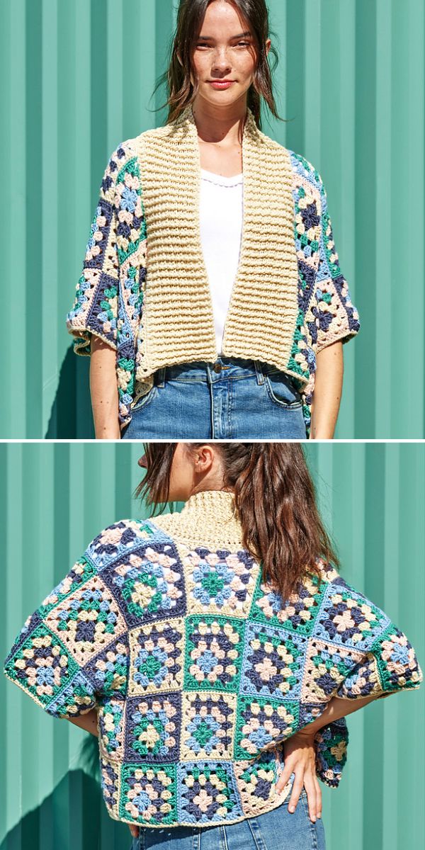 A woman models a handmade crochet cardigan with a multicolored square pattern design, shown from both front and back views.