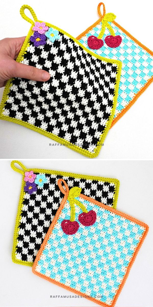two checkered potholders in different colors adorned with appliques