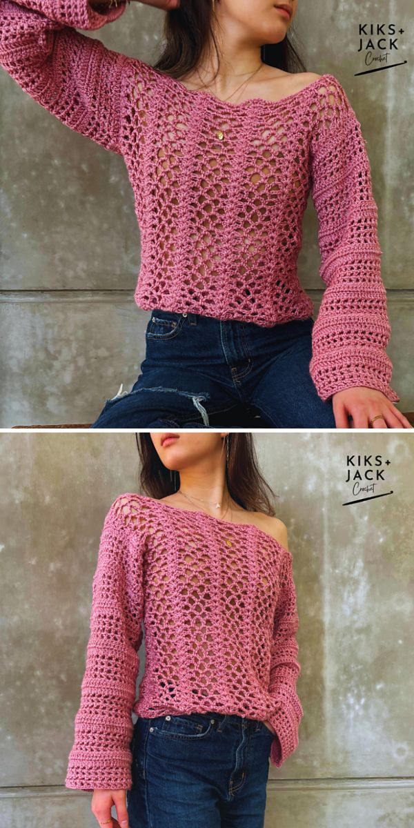 a woman wearing a pink crochet mesh sweater