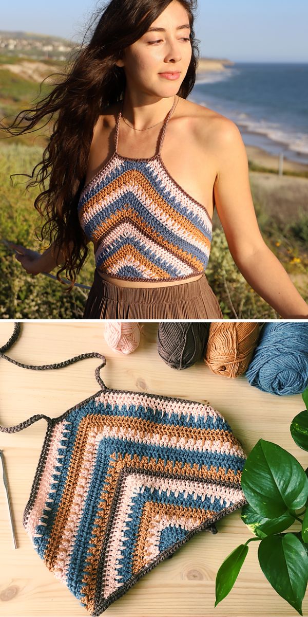 Woman wearing a crocheted halter top outdoors, with an image of a similar crocheted item and yarn below.