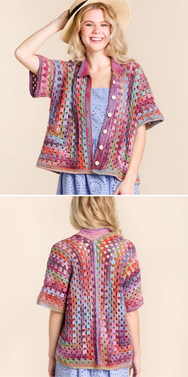 Woman smiling in a straw hat wearing a colorful, crocheted cardigan, front and back view.