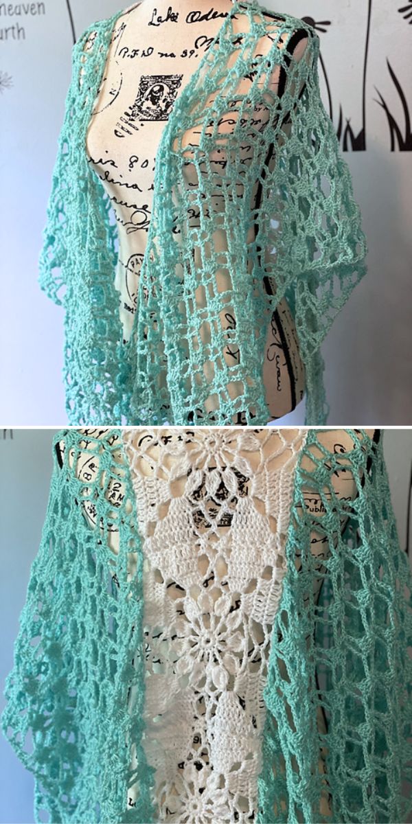 a crochet mesh shawl in a green color on a mannequin