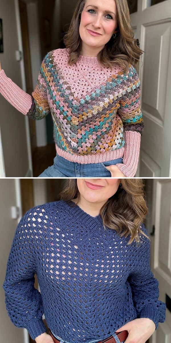 a woman wearing a crochet granny square sweater