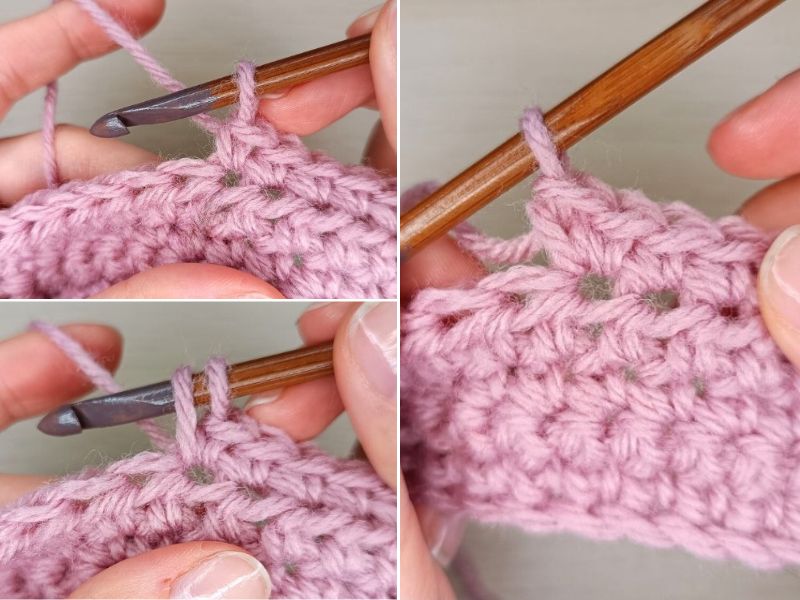 a collage showcasing crochet increases on a piece of fabric